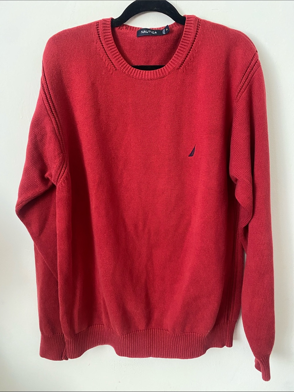 Nautica Men's Bright Red Crewneck Sweater with Navy Logo